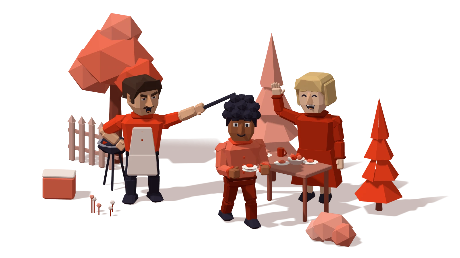 Choleric: a friend running the barbecue, pointing with tongs and directing friends who carry plates to the picnic table