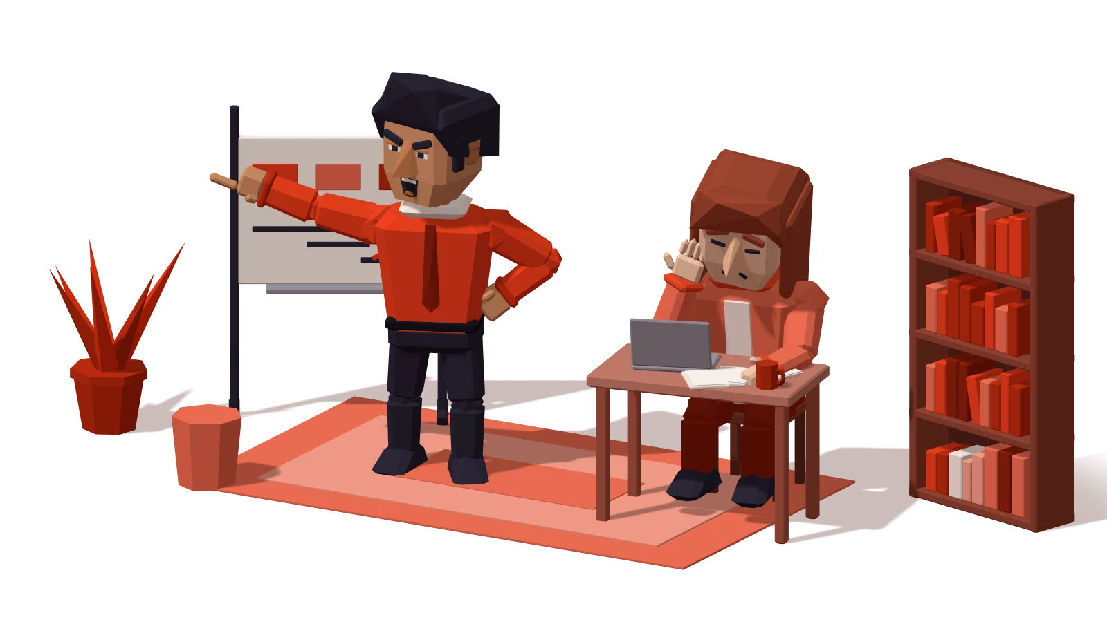 Choleric: during a disagreement at home, a partner takes charge with a plan on a whiteboard while the other looks overwhelmed at the table