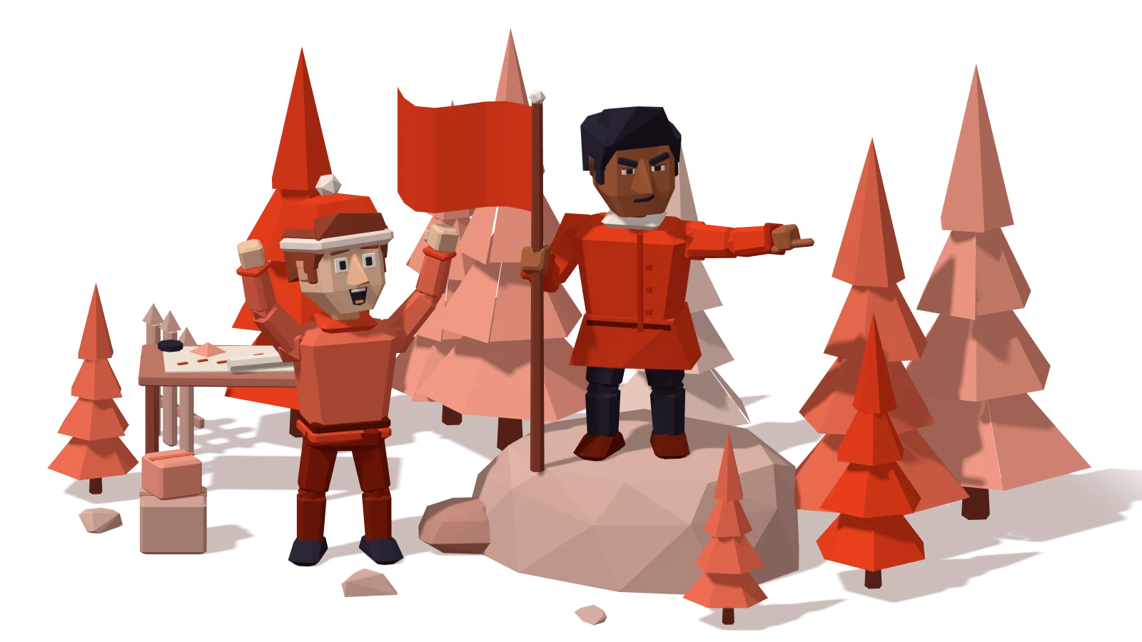 Choleric: a determined leader in a red coat planting a red flag on a rocky outcrop and pointing ahead while a friend climbs up behind