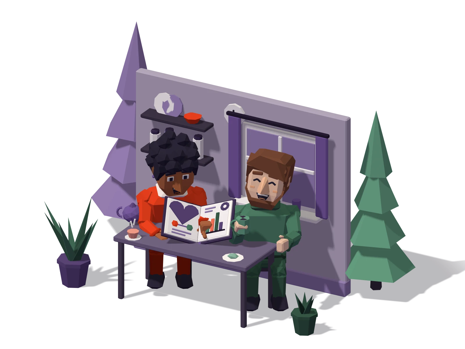A couple at a kitchen table reading together, one pointing at a page while the other smiles