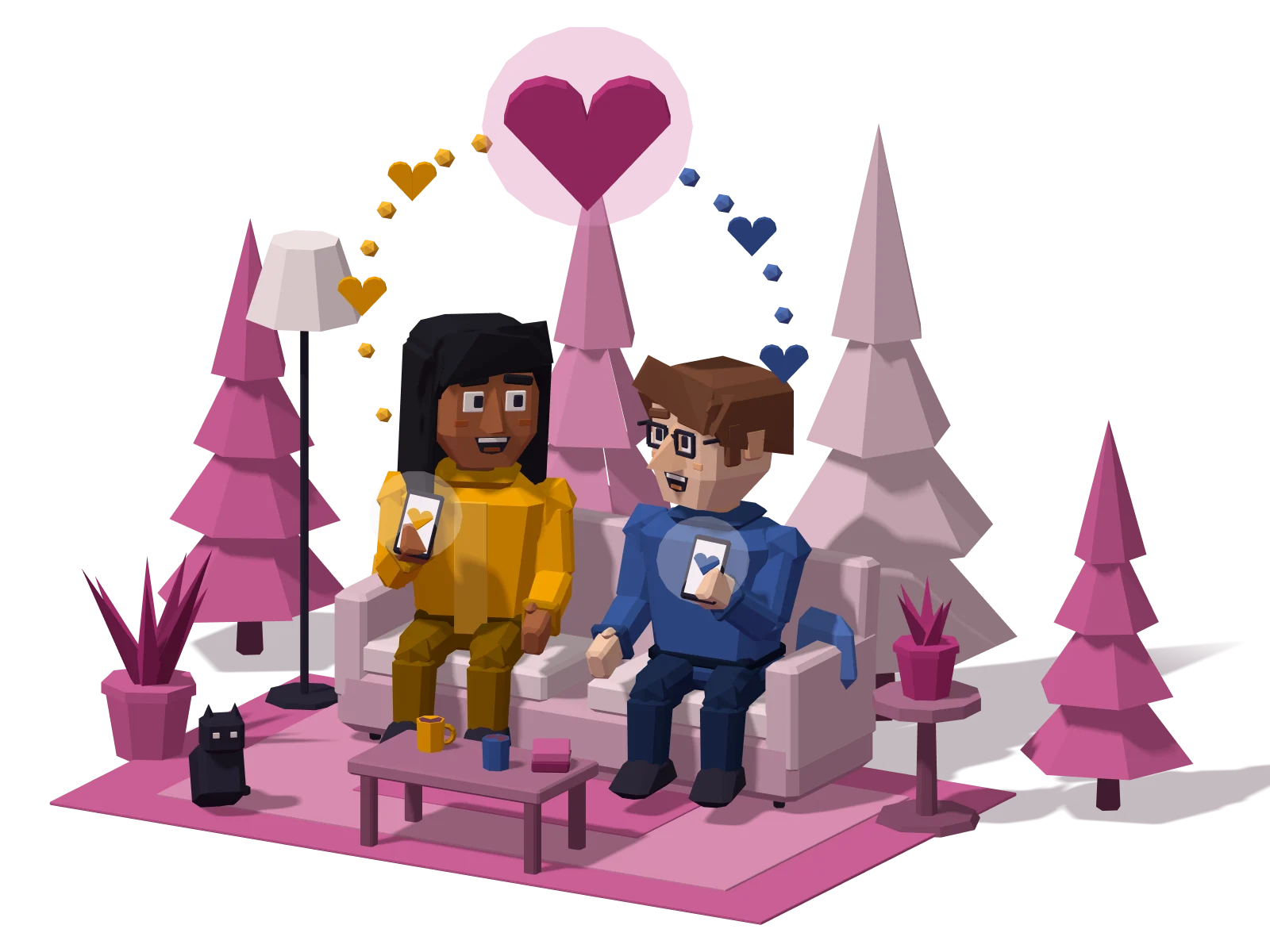 A couple on a sofa smiling at each other over their phones, linked by a trail of hearts
