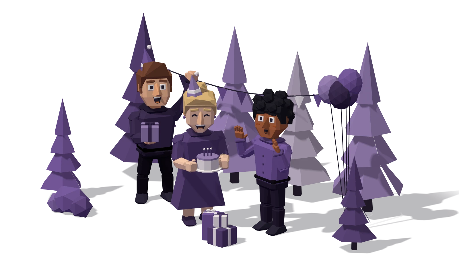 Receiving gifts: at a birthday party, a friend presents a wrapped gift to the birthday friend while another claps beside the cake and balloons