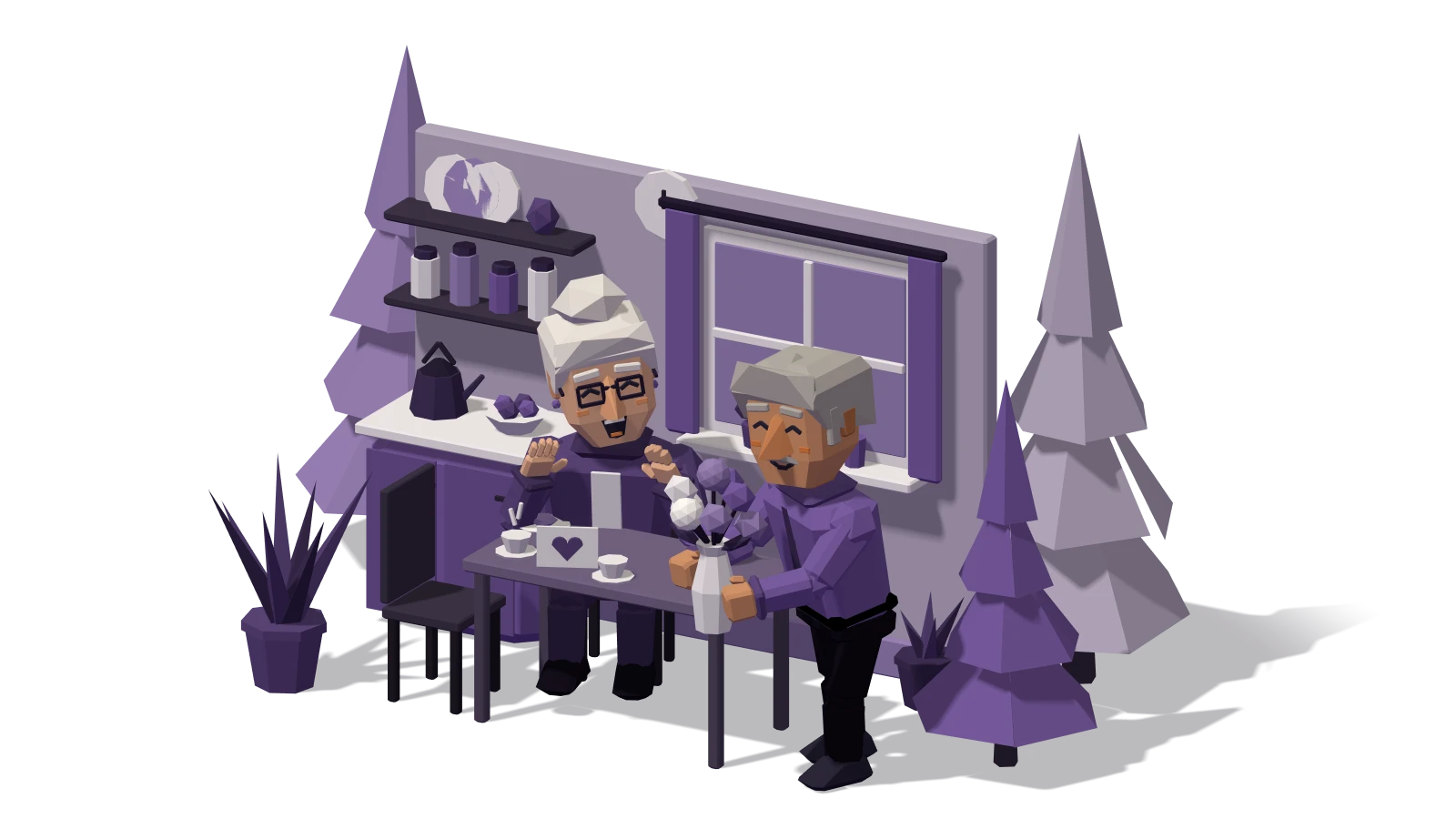 Receiving gifts: on their anniversary, a long-married partner surprises the other with a vase of fresh flowers at the kitchen table
