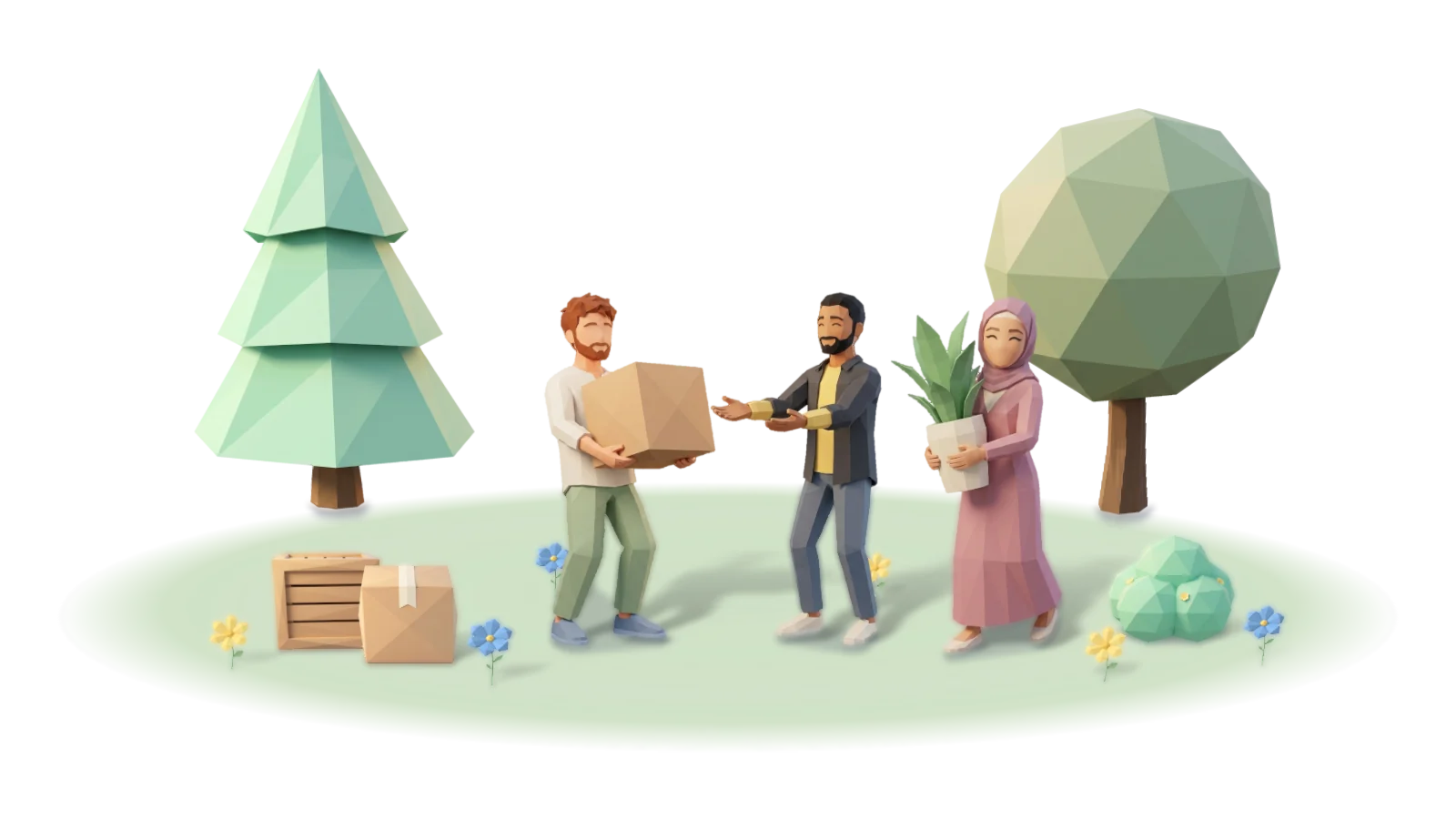 Acts of service: friends helping each other move house, carrying boxes, a lamp and a plant