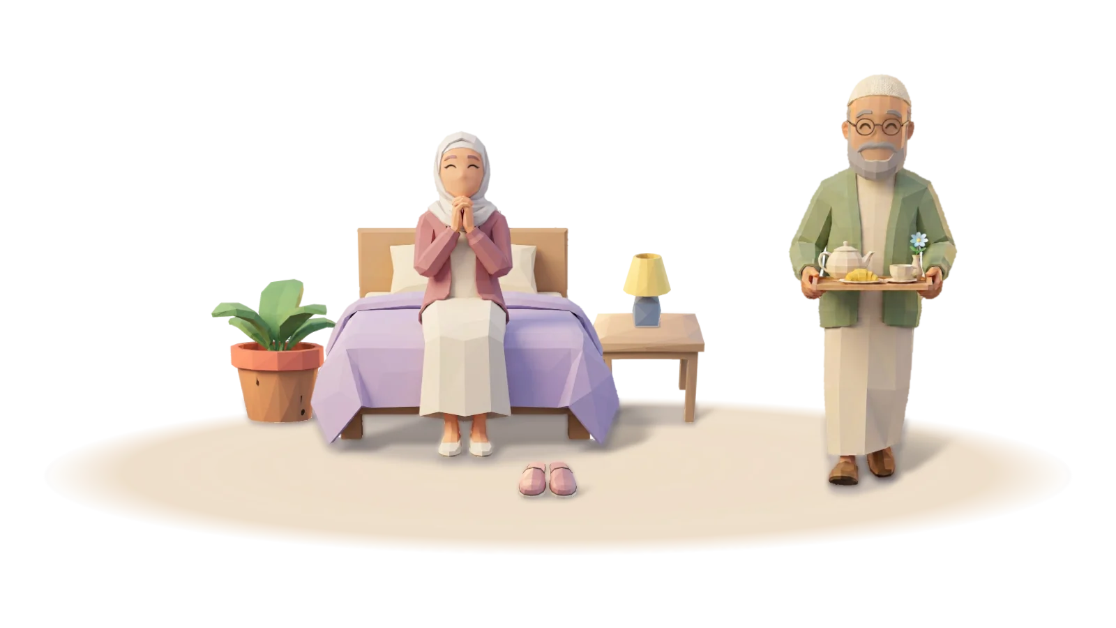 Acts of service: a long-married partner brings breakfast in bed on a tray with tea and flowers