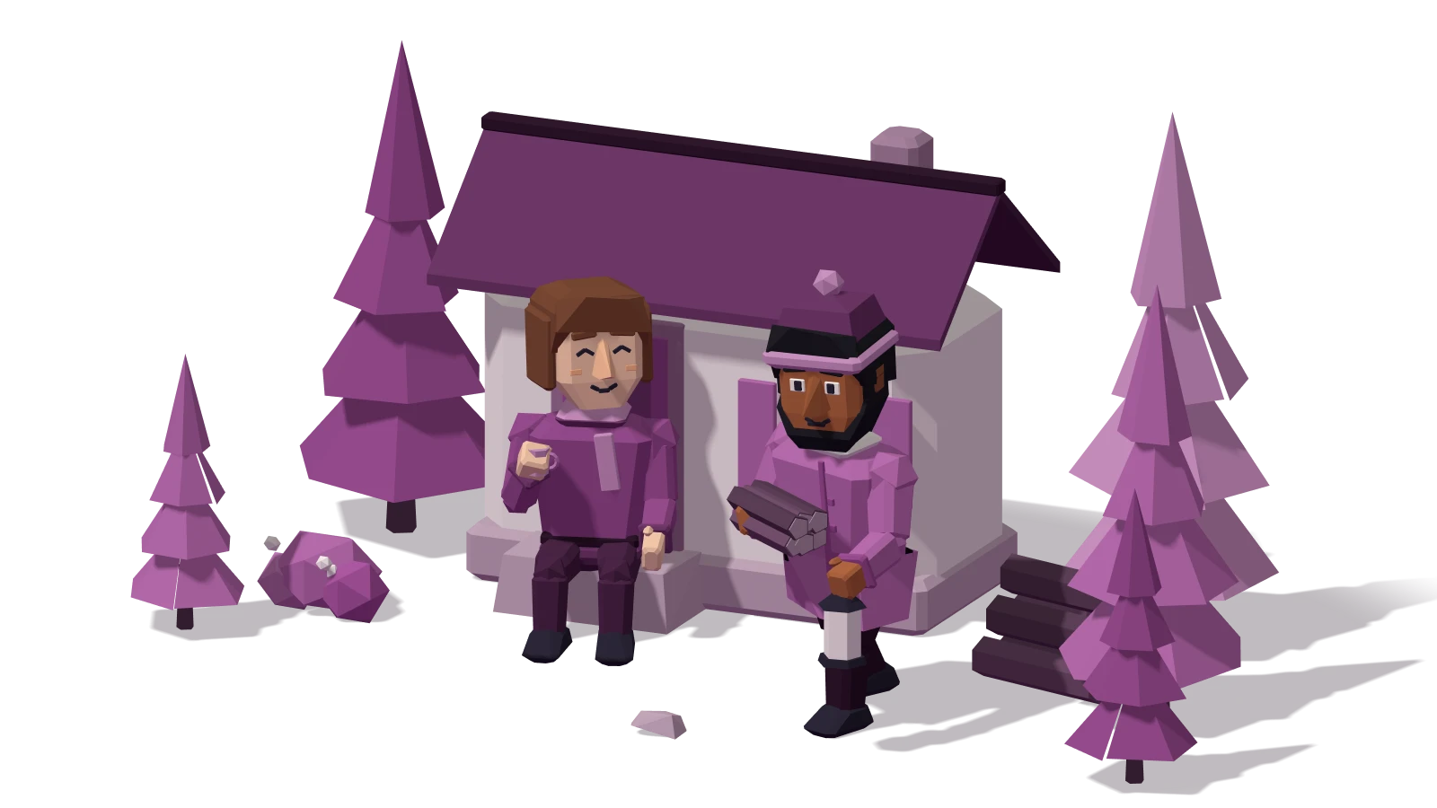 Acts of service: one partner carries firewood and a lantern home to the cottage door while the other rests on the stone step