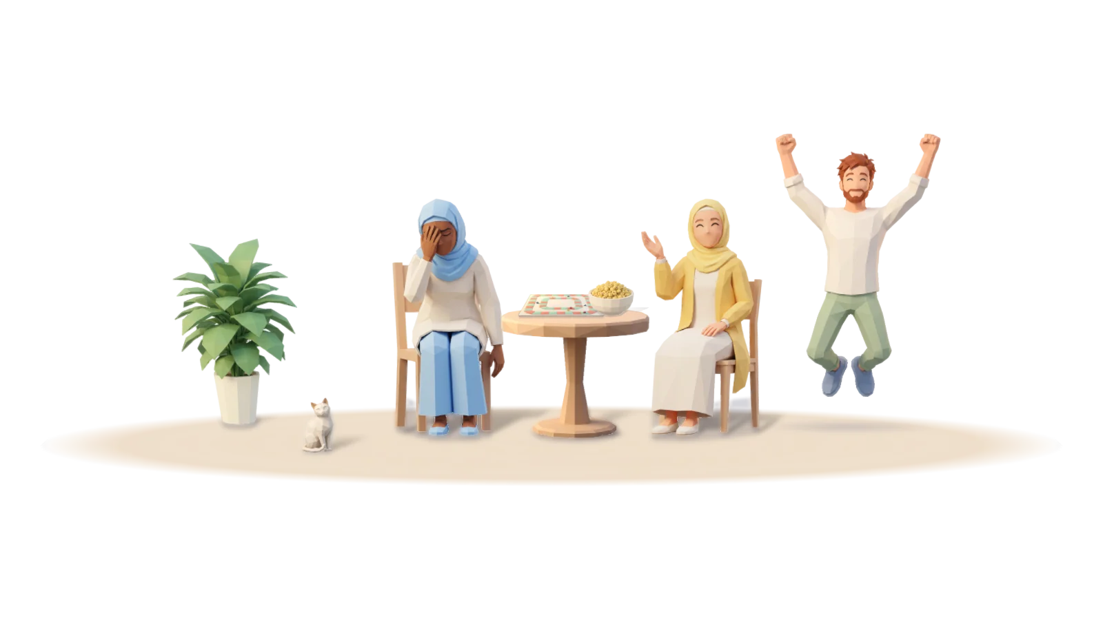 Quality time: three friends laughing together around a table over a board game with snacks and a warm lamp