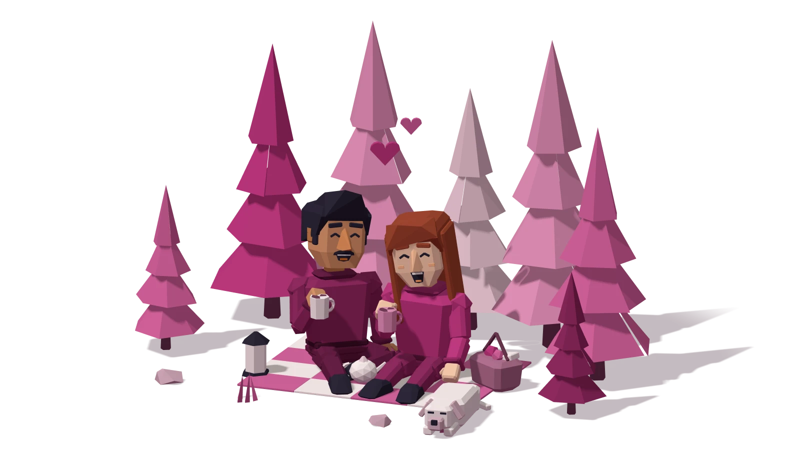 Quality time: a couple sitting close on a red checked picnic blanket with a basket, a thermos and a glowing lantern under a tree