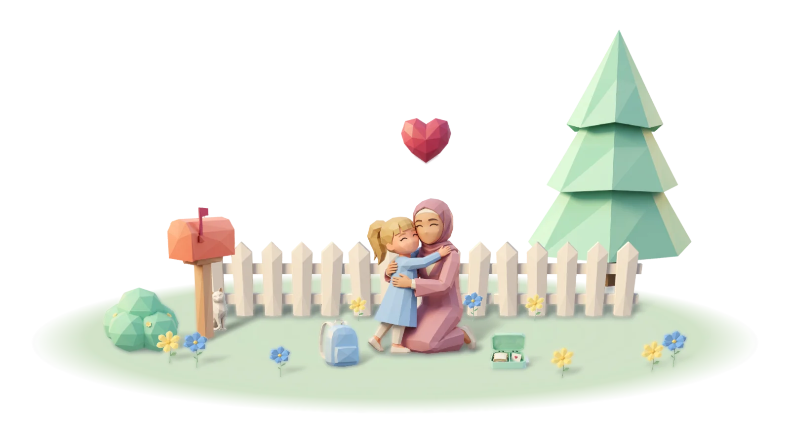 Physical touch: a parent kneels at the garden gate to hug their child home from school
