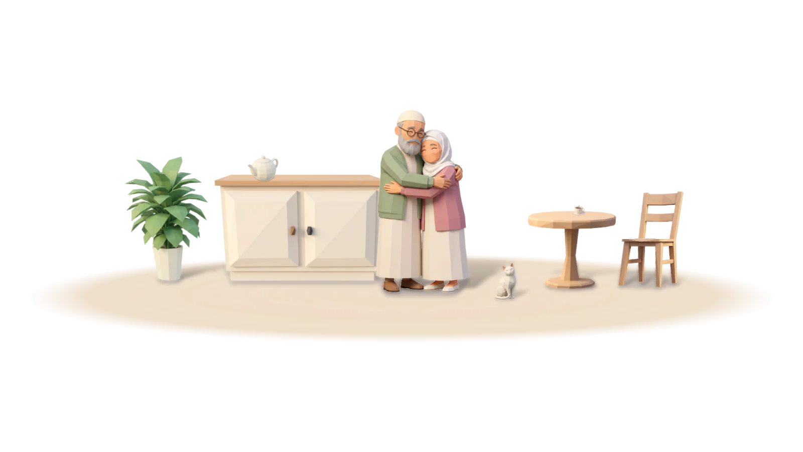 Physical touch: a long-married couple sharing a warm hug in their kitchen beside the counter