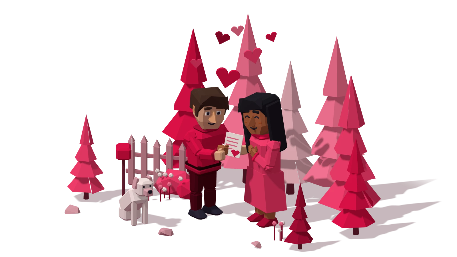 Words of affirmation: on a garden path, one partner hands the other a love letter as paper hearts drift up