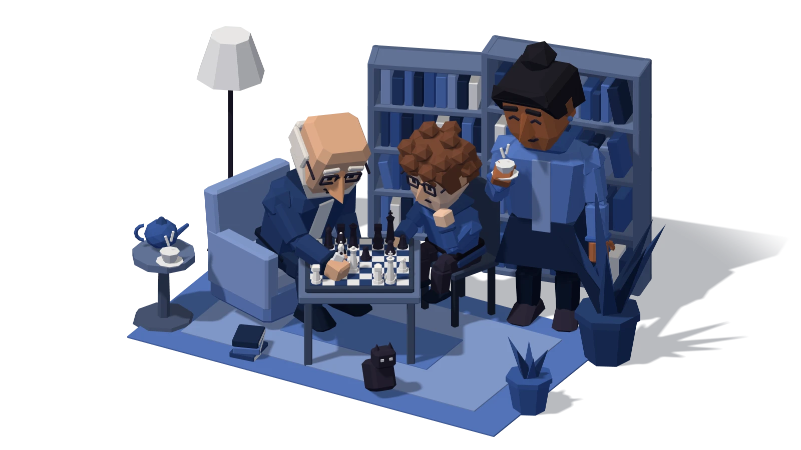 Melancholic: a grandchild and grandfather absorbed in a quiet game of chess by a bookshelf and a warm lamp