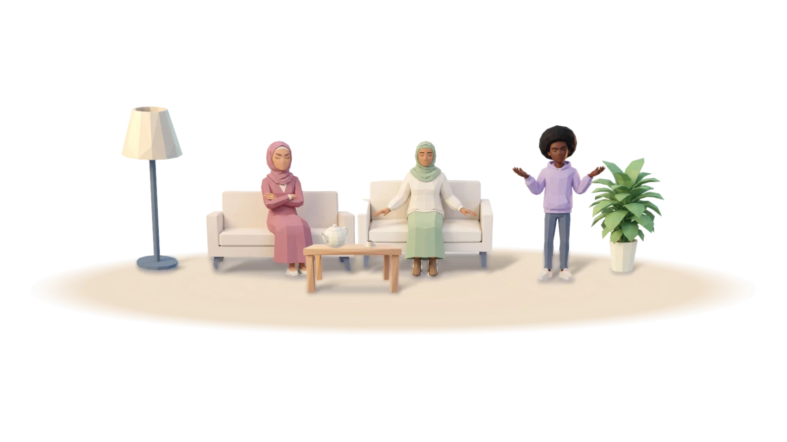 Phlegmatic: during a family argument at home, a partner calmly mediates from the sofa between an upset partner and a frustrated teenager