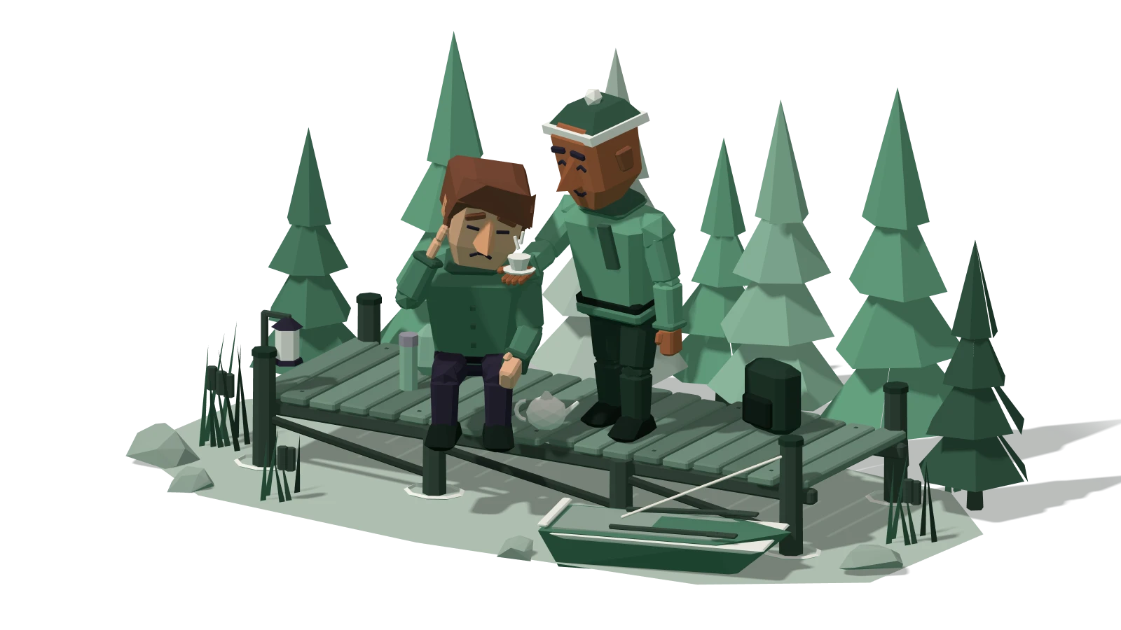 Phlegmatic: a calm friend in a teal sweater on a wooden jetty offering a cup of tea from a tea tray to a stressed friend