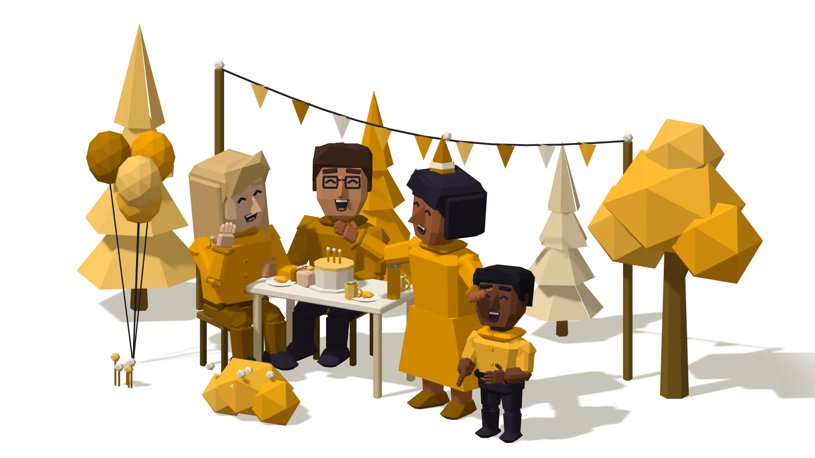 Sanguine: a lively host telling a story at a garden table while three friends laugh over cake and lemonade
