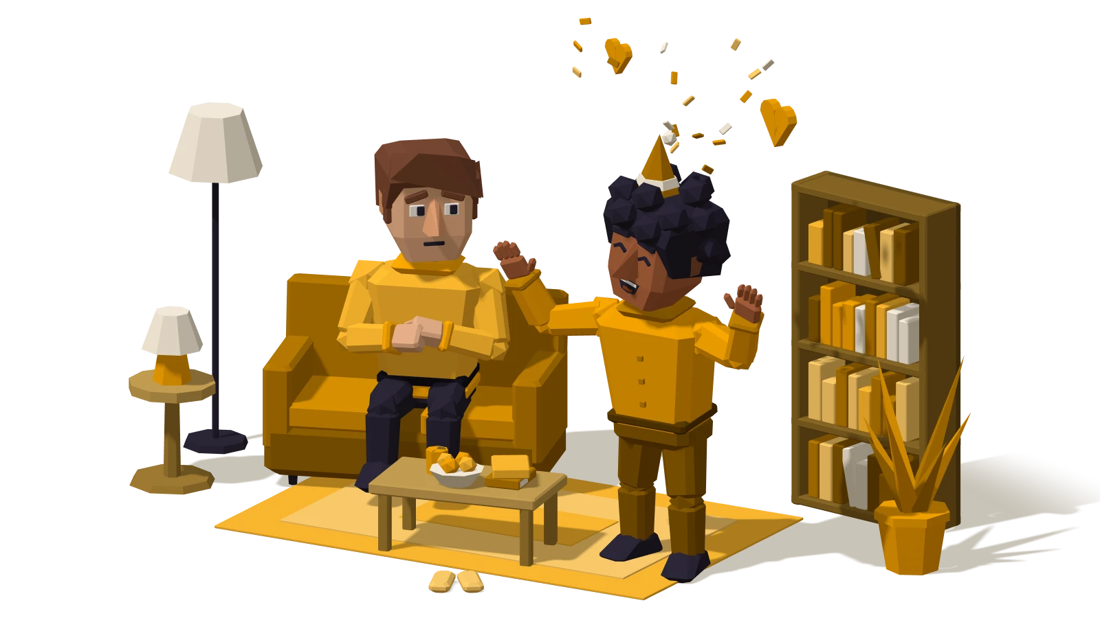 Sanguine: at home, a partner in a party hat tries to cheer up their stressed partner on the sofa with a joke