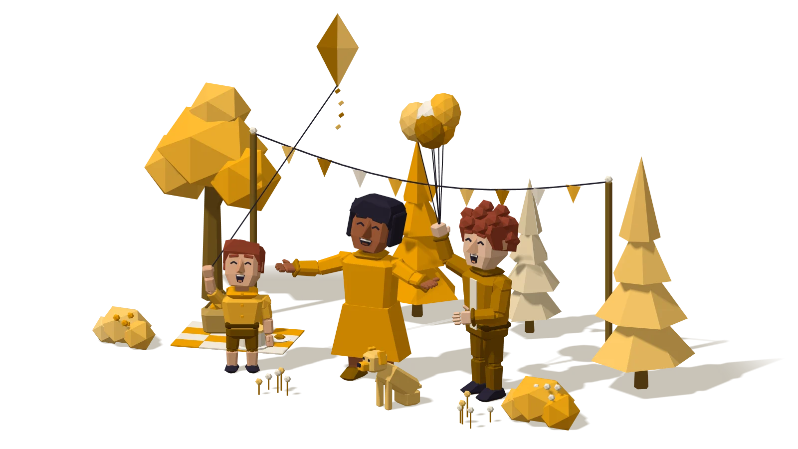 Sanguine: a joyful friend in a yellow dress laughing with two friends at a garden party with bunting, balloons and a kite