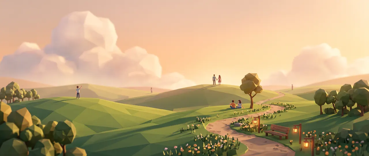 Golden-hour hills with a winding path, a couple holding hands on a hilltop and two friends sitting under a tree